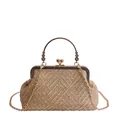 Woven shell evening handbag with gold floral handle and metal chain shoulder strap - Khaki