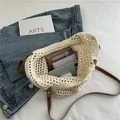 Beige crochet knit tote bag with brown leather straps and spacious storage capacity - Beige (Without Lining)