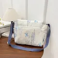 White large capacity crossbody bag with blue butterfly and calligraphy ink print - Blue