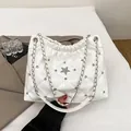 White quilted tote bag with star rhinestones and silver chain strap for women - White