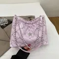 Quilted light purple rhinestone tote bag with star logo and silver chain strap - Purple