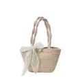 Bolso tote tejido de gran capacidad con puntos coloridos y lazo de encaje con perla - Con Pañuelo de Seda / Pequeño / Blanco Roto