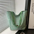 Green and white gingham nylon tote bag with brown handmade leather label and woven straps - Green Without Pendant