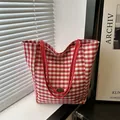 Red and white checkered canvas tote bag with red straps and handmade metal logo - Red (No Pendant)