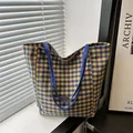 Vintage blue and yellow checkered canvas tote bag with wide straps and handmade label - Blue Without Charm