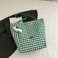 Green and white checkered nylon tote bag with plush dog keychain and handmade patch - Green with Charm