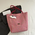 Red and white checkered nylon tote bag with plush puppy pendant and handmade metal plaque - Red with Pendant