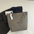 Blue and yellow gingham nylon tote bag with handmade patch and puppy charm - Blue with Pendant