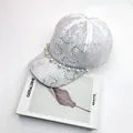 Elegant white lace baseball cap with sparkling sequins, pearls and rhinestone chain trim - Adult (Adjustable Circumference 58cm) / White