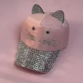 Berretto da baseball rosa con orecchie da gatto, strass e visiera decorata di cristalli - Taglia Adulto (56-60cm) / Rosa