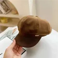 Vintage brown suede octagonal baker boy hat with faux leather brim and metal accent - M / Coffee