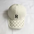 Winter beige lamb wool baseball cap featuring black R embroidery and golden rhinestone brim - Adult Size (Adjustable) / White