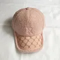 Pink lamb wool baseball cap with embroidered R and rhinestone pattern leather brim - Adult Size (Adjustable) / Pink