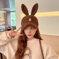Detail of cute rabbit ear baseball cap with plush lamb wool and tiny embroidery - Brown