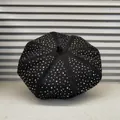 Detail of black denim beret with sparkling silver rhinestones and top fabric loop - M(56-58cm) / Black/White Zirconia