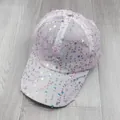 Detailed close-up of white mesh baseball cap with pink flower appliques and shiny sequins - Adult Size (Adjustable) / Peach Pink