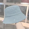 Ανοιχτό μπλε τζιν καπέλο bucket με λαμπερά στρας και μοντέρνο επίπεδο σχεδιασμό - M (56-58cm) / Ανοιχτό μπλε