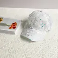 Detail of white mesh baseball cap with silver sequins and 3D floral appliques decoration - Adult Size (Adjustable) / White