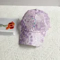 Detailed close-up of light purple mesh cap with 3D floral patches and shiny sequins - Adult Size (Adjustable) / Purple