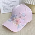 Close-up of silk-like pink baseball cap with 3D floral appliques and sequins - Adult Size (Adjustable) / Pink Rhinestone Flower
