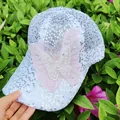 Glittering silver sequin baseball cap with layered pink mesh butterfly and bead accents - Adult, Adjustable / Sequin White
