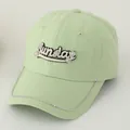 Detail of mint green baseball cap with Sunday embroidery and sparkling rhinestone brim - Adult Size (Adjustable) / Light Green