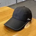 Detail of black baseball cap with extended brim and white Dalla embroidery on side - Adult Size (Adjustable) / Black