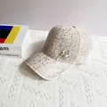 Detail of pink floral lace baseball cap with sparkling rhinestones and crystal flower - Adult Size (Adjustable) / Pink