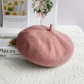 Close-up of pink chenille knit beret with shiny silver sequins and ribbed edge detail - M (56-58cm) / Lotus root pink