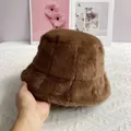 Close-up of soft dark coffee faux mink fur texture on a warm winter bucket hat - L (56-60cm) / Coffee