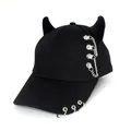 Detail of black punk baseball cap with plush horns, metal chains and brim rings - Adult 55-58cm / Chain Decoration (Black)