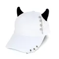 Close-up of white baseball cap with black devil horns and silver punk metal chains - Adult 55-58cm / Chain Decoration (White)