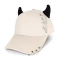 Detail of off-white devil horn baseball cap with punk metal chains and brim rings - Adult 55-58cm / Chain Decoration (Beige)