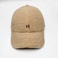 Khaki faux shearling baseball cap with embroidered H letter in a stylish winter design - Adult Size (Adjustable) / Khaki