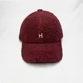 Winter burgundy faux shearling baseball cap with embroidered H letter and warm fleece texture - Adult Size (Adjustable) / Burgundy