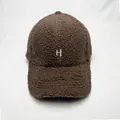 Close-up of fluffy teddy fleece baseball cap with white H letter embroidery in coffee brown - Adult Size (Adjustable) / Coffee