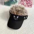 Detail of black visor with brown synthetic hair and white embroidered cat motifs - Brown Wig