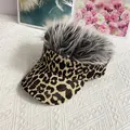 Top view of leopard print sun visor hat with grey synthetic hair design and canvas texture - Adult, Adjustable / Gray Synthetic Hair