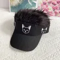 Detail of creative black sun visor cap with spiky faux hair and cat embroidery design - Black Wig