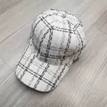 Macro detail of white tweed baseball cap with sequined metal G logo and plaid texture - Adult Size (Adjustable) / White