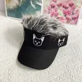 Detail of cute cat embroidery on black hip hop baseball cap with funny grey wig top - Grey-White Wig