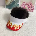 Detail of flame embroidery and spiked synthetic hair on a white visor baseball cap - Adjustable / White Cap Black Hair
