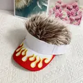 Flat lay of white golf visor with red flame embroidery and synthetic brown hair detail - Adjustable / White Cap Coffee Hair