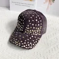 Detail view of purple velvet baseball cap with gold rivet studs and textured rib fabric - L / Black and Gray
