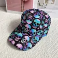 Close-up of black baseball cap featuring colorful gradient skull and star print patterns - Adult Size (Adjustable) / Colorful