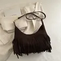 Dark brown bohemian suede tassel hobo bag with long fringes and gold metal hardware - Brown