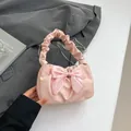 Light pink pleated handbag with a large bow and silver chain strap for women - Pink