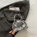 Mini-Transparente Handtasche mit schwarz-weißem Schlangenmuster und silberner Kette - Weiß
