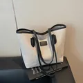 Large capacity canvas tote bag in beige with black leather contrast straps - Black