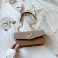 Brown and beige patchwork small square crossbody bag with gold M-logo and chain strap - Brown